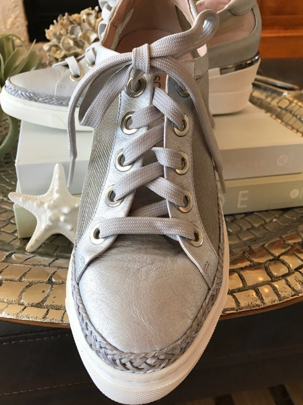 🆕 SOFTWAVES SILVER LEATHER MESH WEDGE PLATFORM SNEAKERS